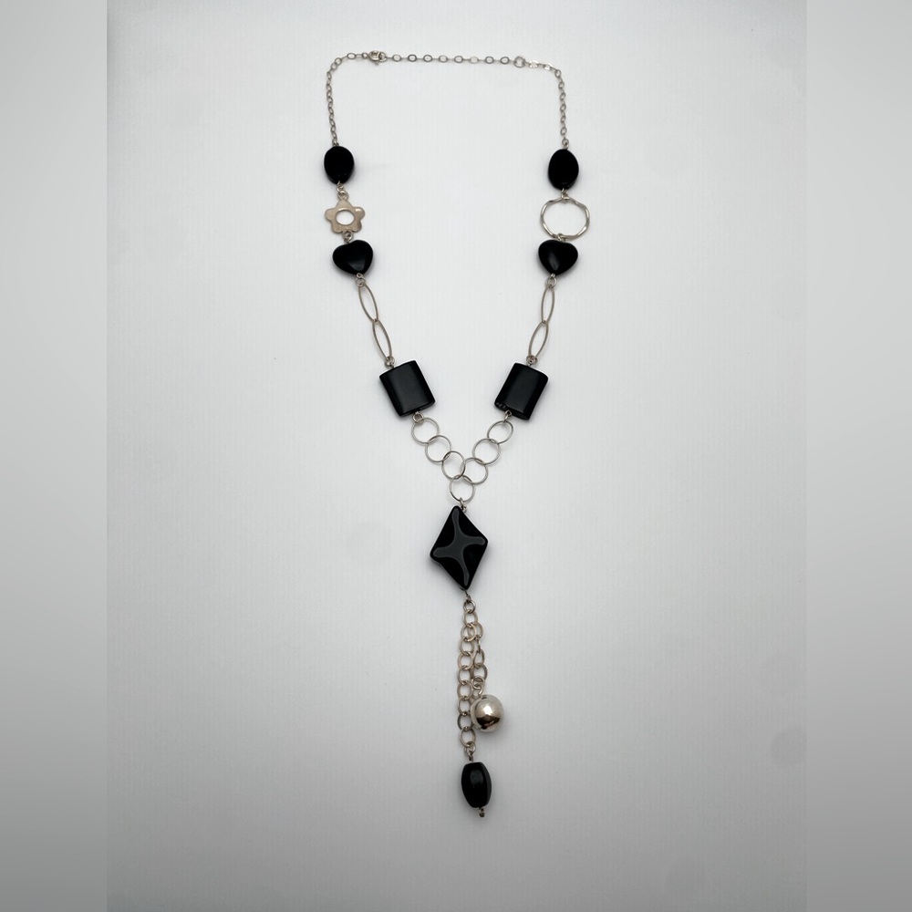 Sterling Silver 925 Heart Flower Geometric Shape Bead Tassel Necklace